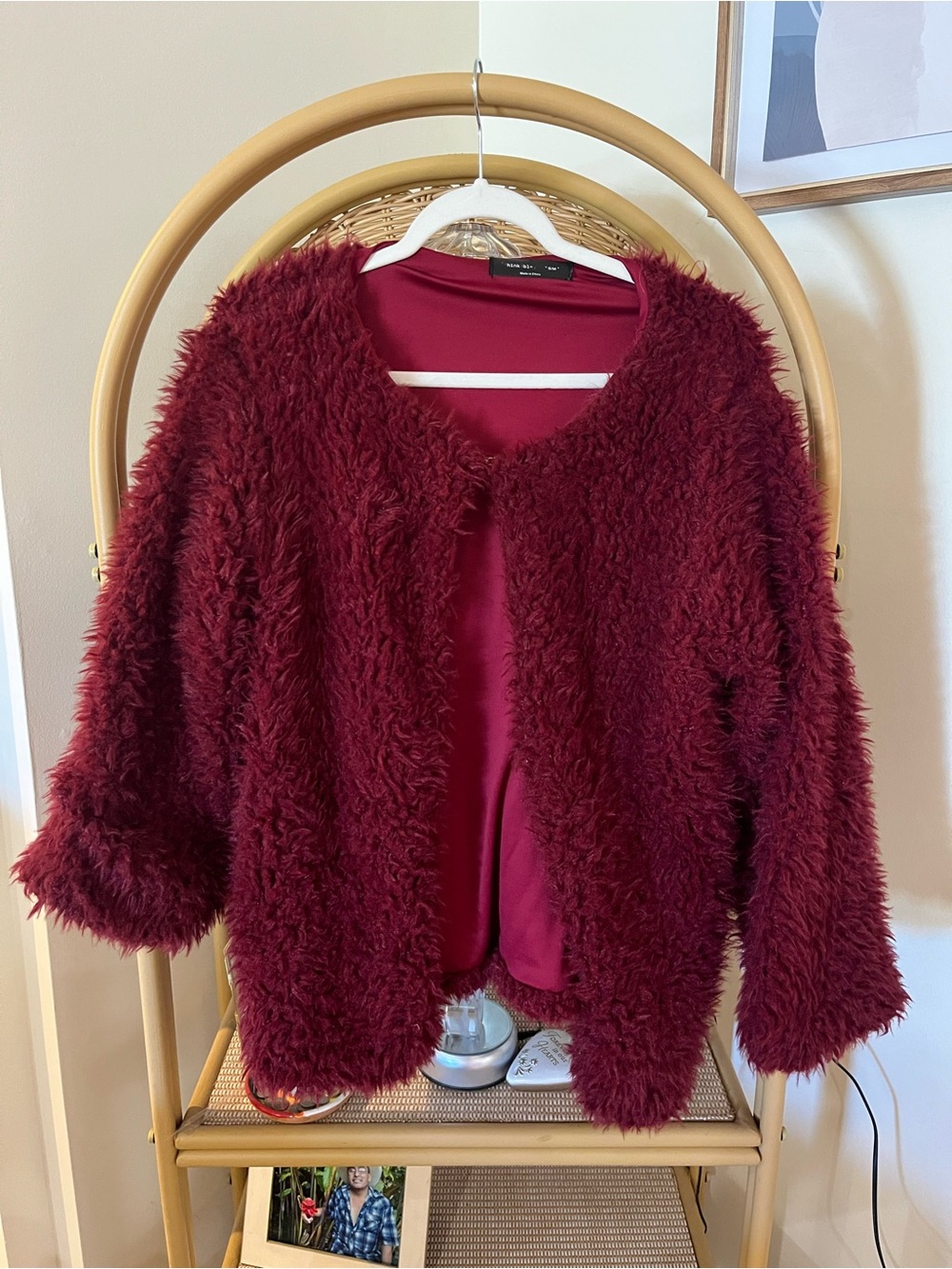 Women's Faux Fur Open-Front Jacket - Burgundy